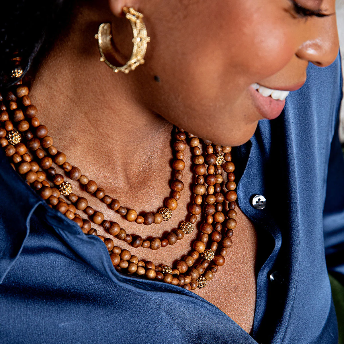 Earth Goddess Beads 5-Strand Necklace, 18"+2'' - Teak - Image 4