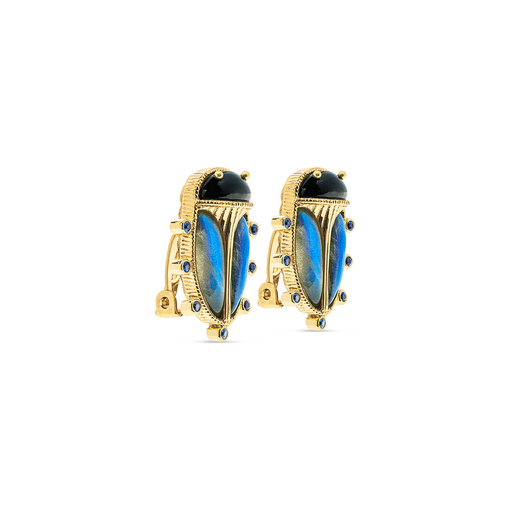 Scarab Clip Earrings - Blue Labradorite/Black Agate - Image 3